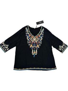AK Floral Embroidered Bohemian 3/4 Sleeve V-Neck Blouse